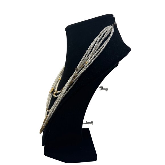 Multi-Strand White & Gold Beaded Necklace With Chain Closure - Picture 3 of 5